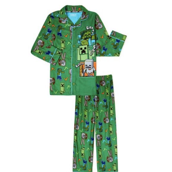 Minecraft Boys Pajama Set PJs 2-Pc Set Kids Sleepwear Long Sleeve Coat Style - Picture 1 of 12